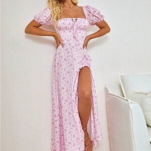 Women's Pink Floral Puff-Sleeve Maxi Dress with Side Slit